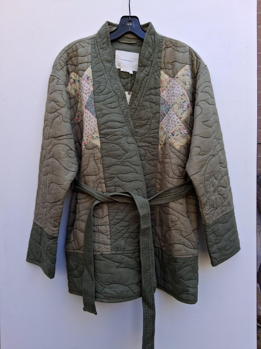 ANTHROPOLOGIE women's quilted patchwork kimono jacket with belt, sage (size S)